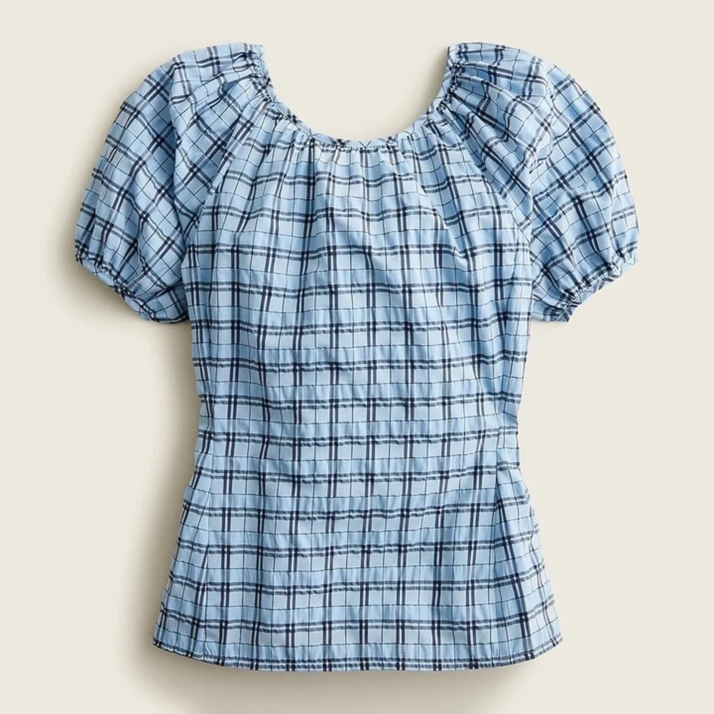 J Crew New V-back puff-sleeve top blouse in textured‎ plaid blue mist navy